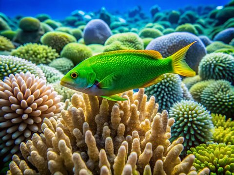 Surreal Underwater Scene of Lime Green Wrasse Hiding Among Acropora Corals in AROA Lagoon, Rarotonga with Sunlit Turquoise Waters and Sandy Sea Bed