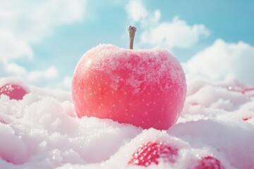 Vibrant apple resting soft snow bright blue sky, winter landscape.