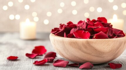 A wooden bowl filled with vibrant red rose petals, surrounded by scattered petals and softly glowing candles in the background, Ideal for topics related to romance, relaxation, and special occasions,