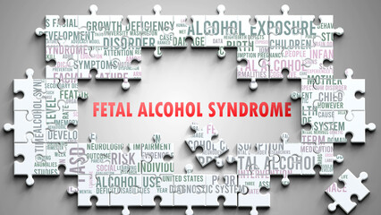 Fetal Alcohol Syndrome as a complex subject, related to important topics. Pictured as a puzzle surrounded by most important ideas and phrases related to fetal alcohol syndrome. ,3d illustration