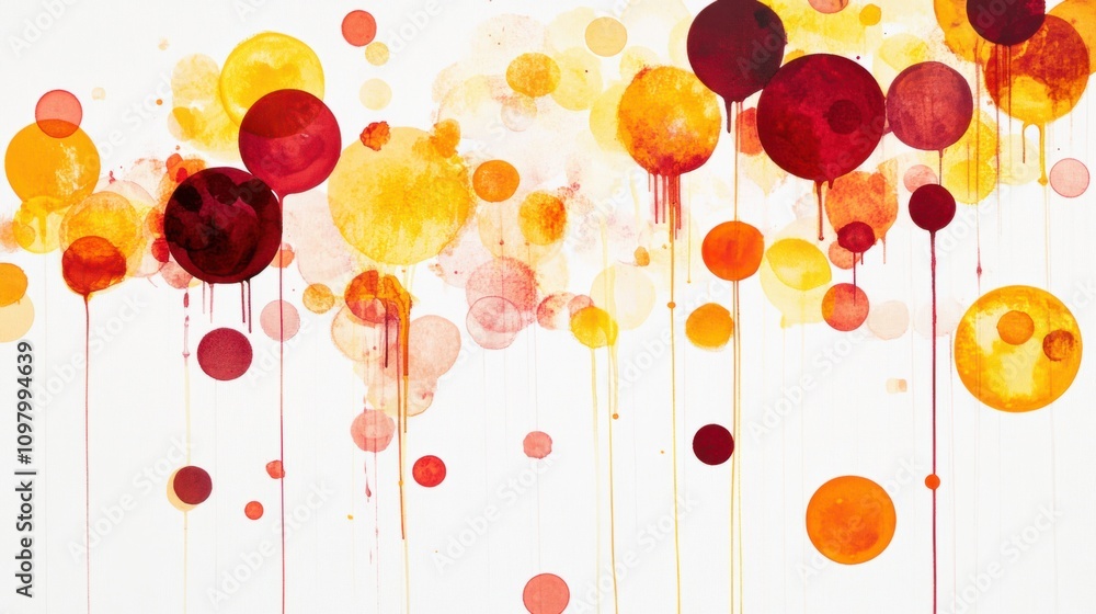 Poster randomly placed dripping ink circles in shades of red and yellow, creating a playful pattern on whit