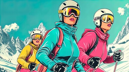 Dynamic Winter Sports Poster: Three Skiers in Colorful Gear Against Snowy Mountains and Bright Sky - Perfect for Sports Interiors and Adventure Enthusiasts!