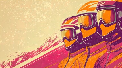 Fototapeta premium Dynamic Winter Sports Poster: Three Skiers in Colorful Gear Against Snowy Mountains and Bright Sky - Perfect for Sports Interiors and Adventure Enthusiasts!