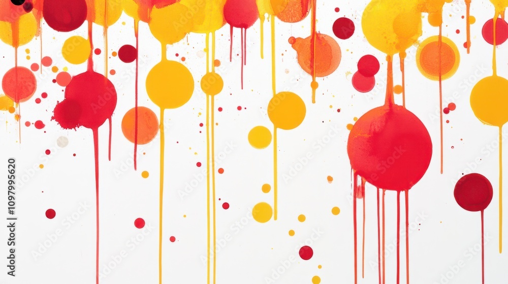 Poster randomly placed dripping ink circles in shades of red and yellow, creating a playful pattern on whit