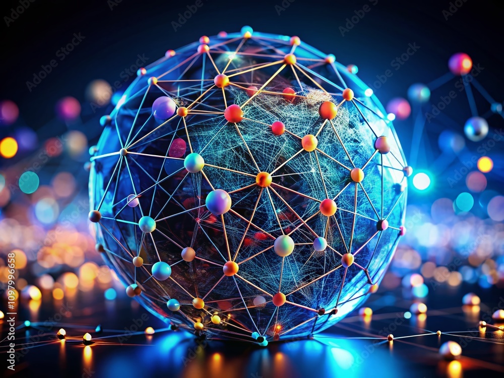 Poster tilt-shift photography of big data collection technology with interconnected polygons forming a sphe