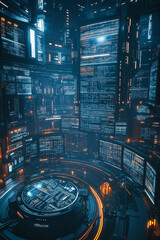 Hyper-realistic cryptocurrency trading floor, multiple screens displaying Bitcoin, Ethereum and altcoin charts, neon blue accents, cinematic lighting, glossy reflections
