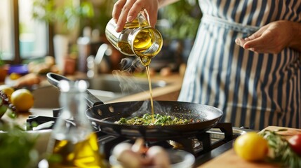 A person is cooking food in a pan with oil