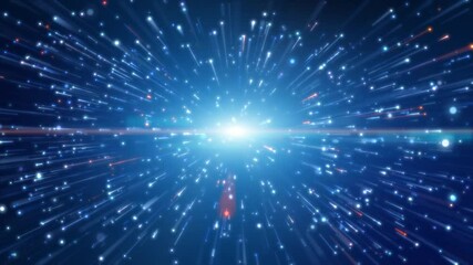 Explosion in space blue light trail creative cosmic background. Hyper jump into another galaxy. Speed of light.
