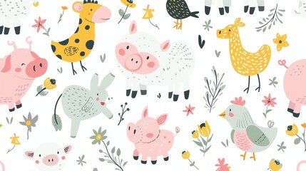 A seamless pattern with cute animals and flowers in a bright and playful style.