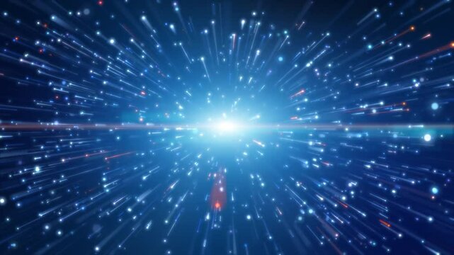 Explosion in space blue light trail creative cosmic background. Hyper jump into another galaxy. Speed of light.