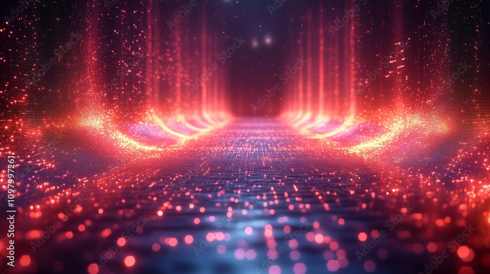 Poster futuristic glowing digital hologram with vibrant light grids and particles in abstract virtual space
