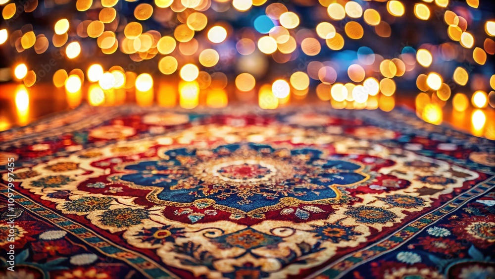 Aufkleber top view of an aged carpet with intricate pattern and bokeh effect, showcasing the rich textures and