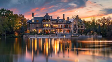 Obraz premium A large house with a pool and a lake in the background