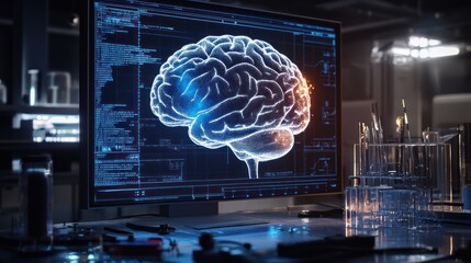 Obraz premium Digital brain scan on computer screen.