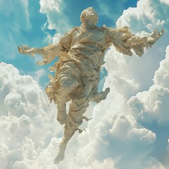 Fototapeta premium Stone figure ascending, arms outstretched, amidst clouds.
