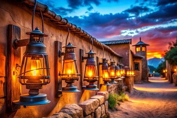 Fototapeta premium Traditional Farolitos Lanterns Adorning Adobe Buildings in Santa Fe, New Mexico, Capturing the Warm Glow of a Cultural Celebration at Dusk