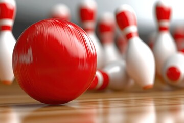 A close-up red bowling ball rolling white pins polished wooden lane, capturing excitement bowling.