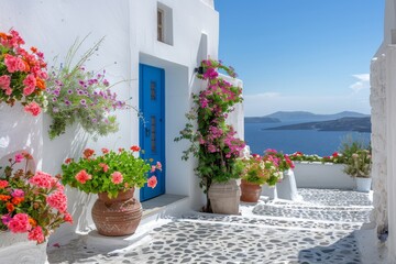 Fototapeta premium A blue door is in front of a row of potted plants