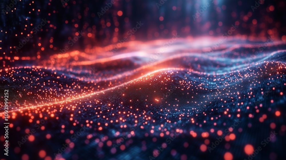Aufkleber abstract digital hologram grids featuring a dynamic wave of vibrant light particles, creating a futu