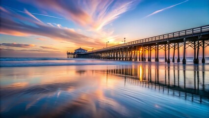 Fototapeta premium Tranquil Long Exposure of Crystal Pier at Dusk in Pacific Beach, San Diego with Gentle Waves and Soft Colors for Minimalist Photography Enthusiasts