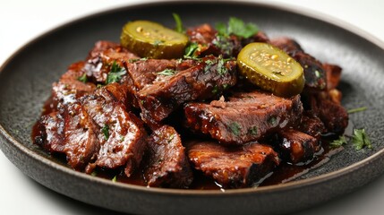 A plate of succulent, glazed meat garnished with pickles and herbs.