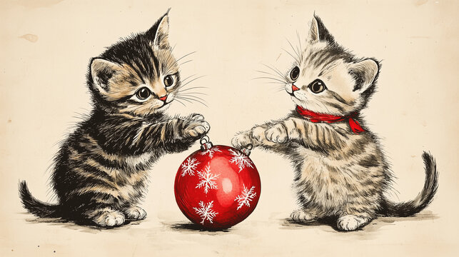 Gattini che giocano con palline di Natale, illustrazione, disegno natalizio 