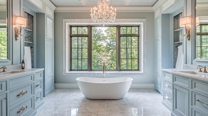 Fototapeta premium Luxurious bathroom with freestanding tub and large window.