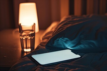 A phone is on a bed with a glass of water next to it