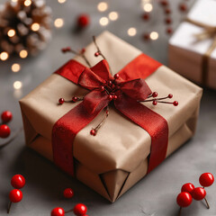 beautifully wrapped gift box adorned with red ribbon and decorative elements, perfect for festive occasions. warm tones and elegant details create joyful atmosphere
