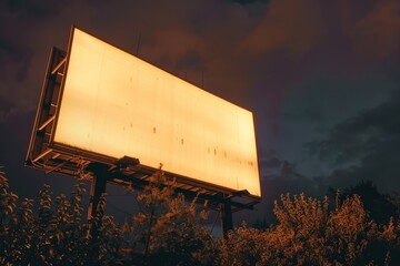 A billboard is lit up at night, with a cloudy sky in the background