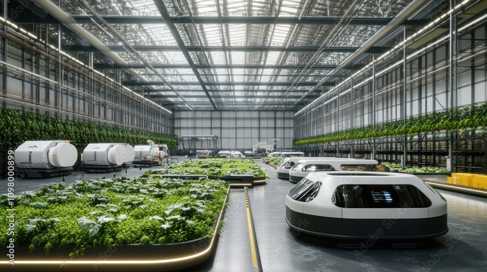 Poster futuristic automated warehouse with indoor vertical farming and autonomous delivery robots.