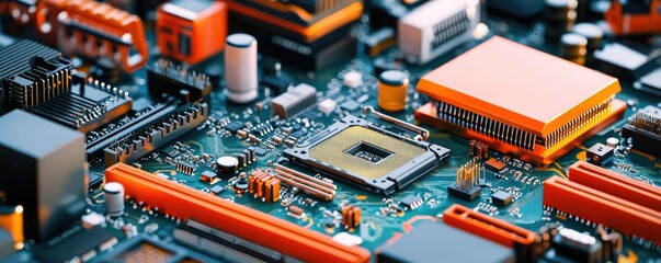 Obraz premium A close-up view of a colorful circuit board featuring a microprocessor, capacitors, and other electronic components, showcasing modern technology.