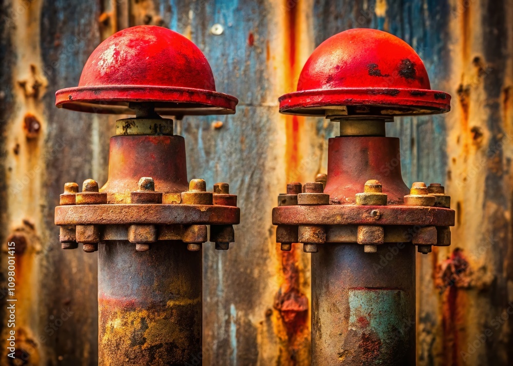 Poster two rusty pipes with red caps on top against a weathered background with ample copy space for indust