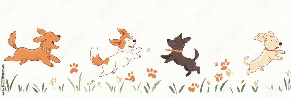 Poster Four playful dogs are joyfully running and frolicking in vibrant grass, showcasing a lively and happy atmosphere of friendship. Generative AI