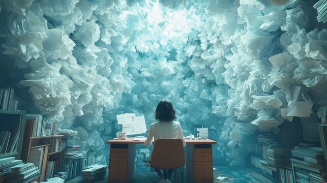 A surrealistic representation of a businesswoman sitting at a desk, surrounded by floating objects and papers, wich looks like clouds