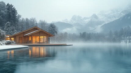 Fototapeta premium A tranquil winter evening scene with a wooden sauna building by the edge of a steaming pool, surrounded by a snowy landscape and majestic mountains in the distance 