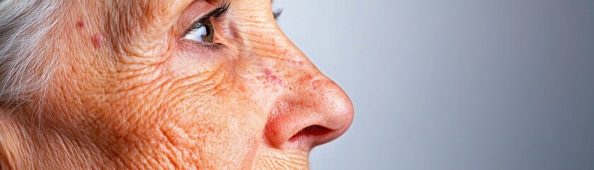 A close-up of an elderly woman's profile, showcasing her weathered skin and thoughtful expression against a neutral background.
