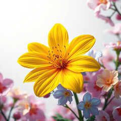 Obraz premium Close-up of a vibrant yellow flower surrounded by various colorful blossoms, garden, blooming, bloom, vibrant