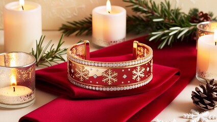 Festive Christmas bracelet, candles, and Christmas decorations in the background