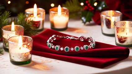 Festive silver Christmas bracelet with green stones, candles, and Christmas decorations in the background