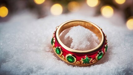 Festive Christmas winter red ring with green stones on the snow