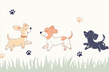 Three cheerful doodle dogs play together in a grassy space under a clear sky, leaving paw prints as...