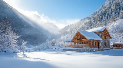 Serene Lodge in Snowy Alpine Landscape with Morning Light