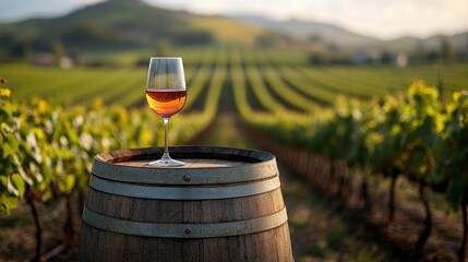 Fototapeta premium A wine barrel with a grapes and glass of red wine perched on top, with sunset and vineyards stretching out in the background.