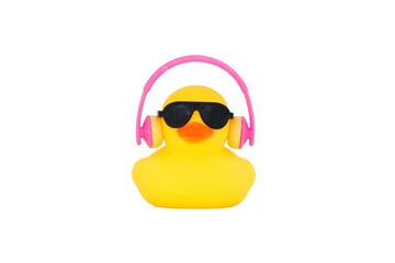Cool hip little yellow rubber duck with black sunglasses and pink headphones listening to music,...