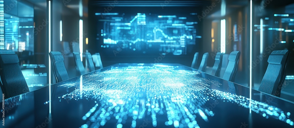 Aufkleber futuristic boardroom with holographic data display on a large table.