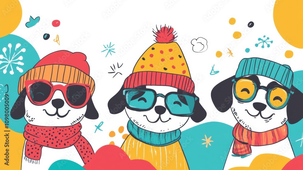 Poster three playful dogs are adorned in colorful attire, showcasing sunglasses and hats, creating an atmos