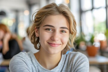 Fototapeta premium Smiling Young Woman with Blonde Hair in Casual Setting