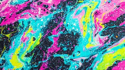 A vibrant abstract pattern featuring swirling colors of pink, blue, yellow, and black.