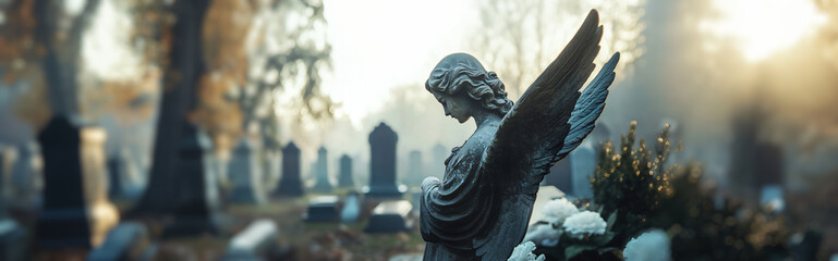 Marble statue of grieving angel, memorial monument slab on sunny cemetery background. Banner template of sadness, hope, religious architecture for death ceremony and funeral services copyspace